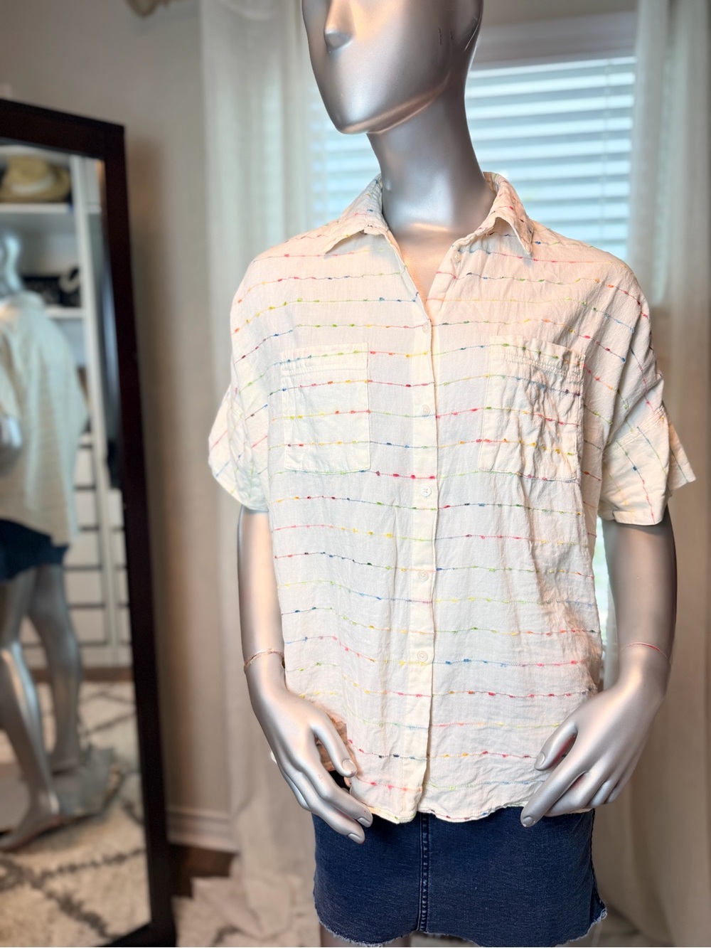 Madewell Courier Rainbow Stripe Short Sleeve Button Down Shirt Medium Cotton
